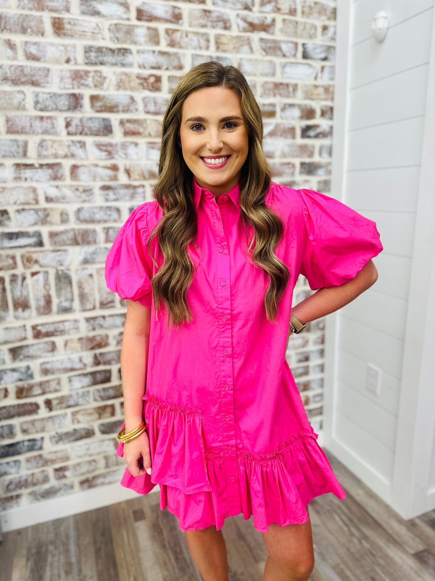 Karlie Solid Ruffle Bottom Shirt Dress