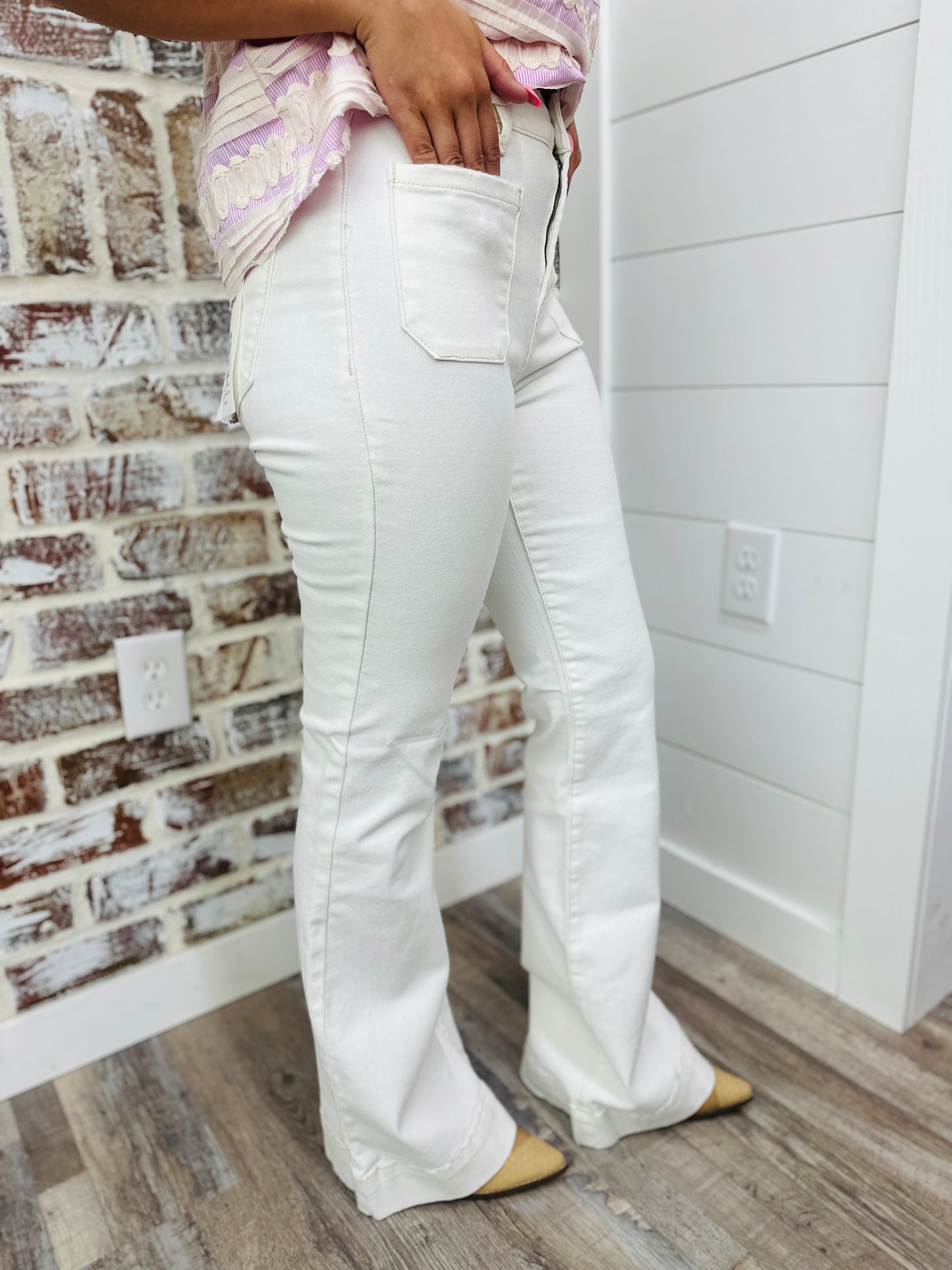 Cream High Rise Patch Pocket Flares
