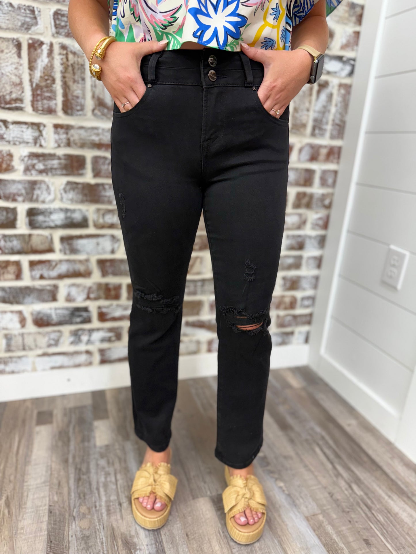 Black High Rise Ankle Straight Jeans