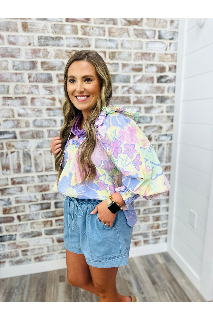 Karlie Pastel Large Floral Poplin Vneck Ruffle Top