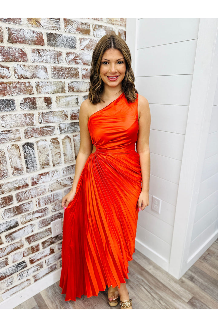 KARLIE One Shoulder Pleated Satin Maxi Dress