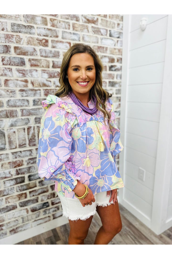 Karlie Pastel Large Floral Poplin Vneck Ruffle Top