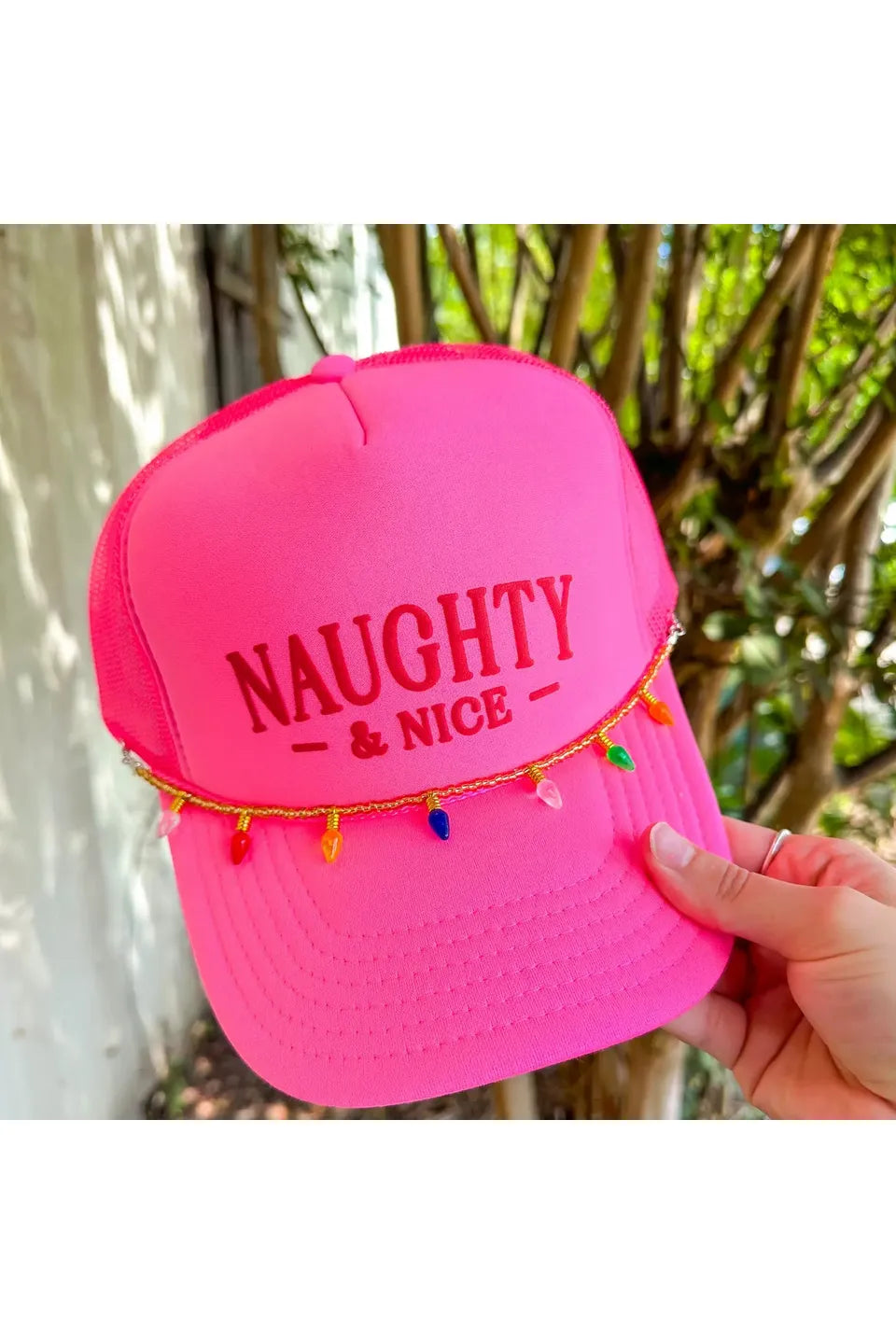 Hot Pink Naughty & Nice Trucker Hat with Chain of Lights