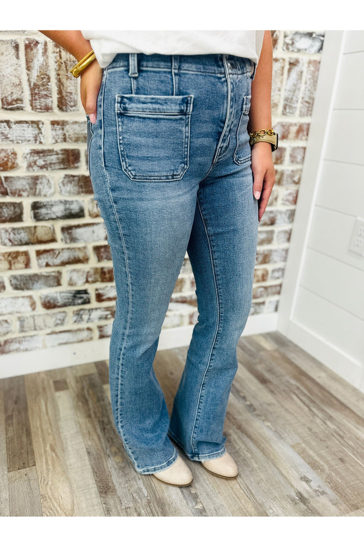 High Rise Front Pocket Detail Flare