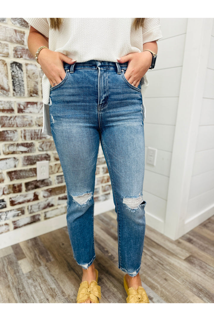 High Rise Distressed Ankle Straight Jeans