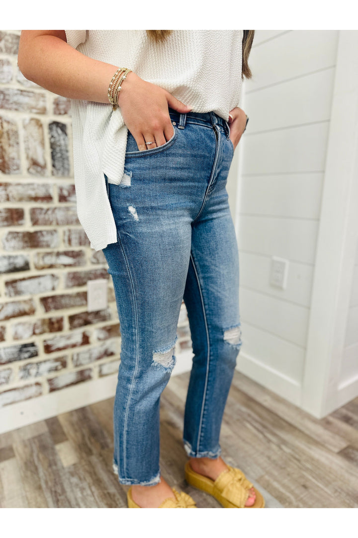 High Rise Distressed Ankle Straight Jeans