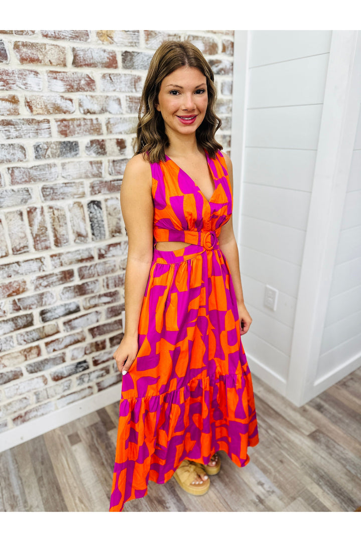 Karlie Geometric Poplin Cut Out Midi