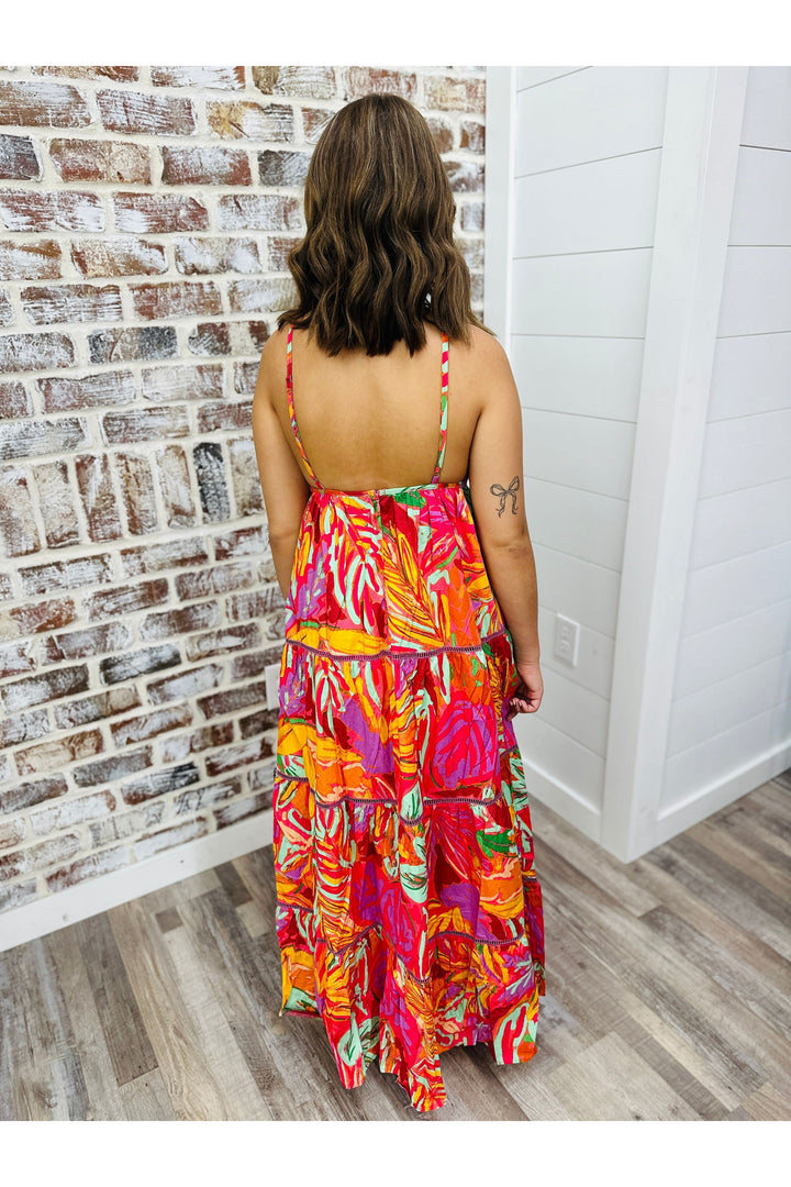 Karlie Tropical Halter Tier Maxi Dress