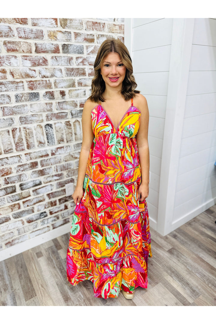 Karlie Tropical Halter Tier Maxi Dress