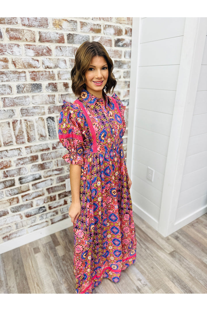 KARLIE |KALEIDOSCOPE PUFF SLEEVE TIER MAXI DRESS