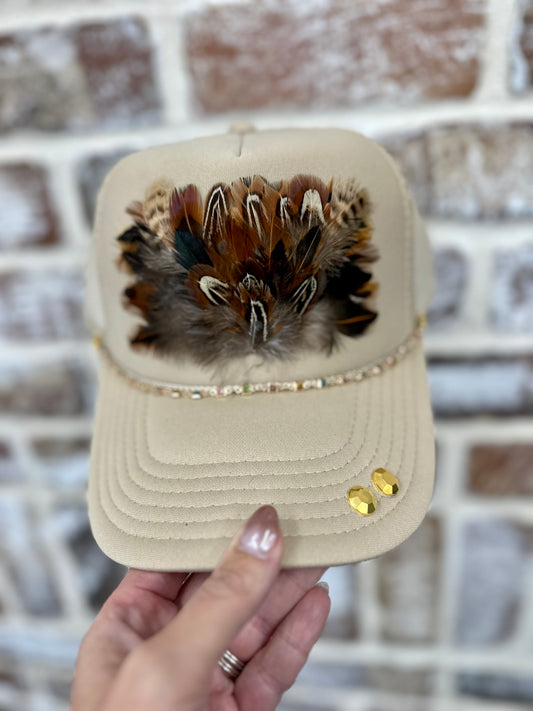 Khaki Hat with Mixed Brown Feathers Chain