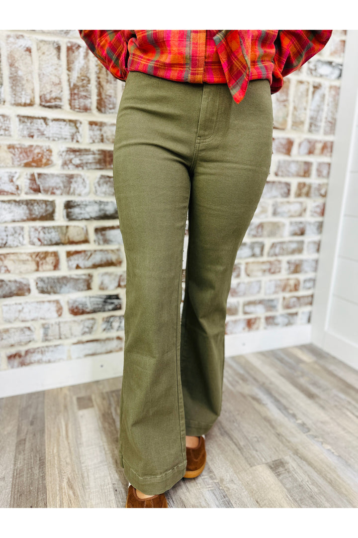 Faded Olive High Waisted Wide Flare Pants