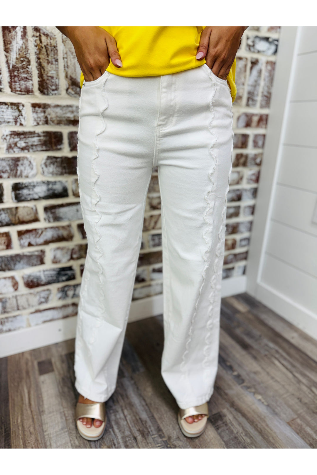 High Rise Wide Leg Pants with Scalloped Front Seam Detail