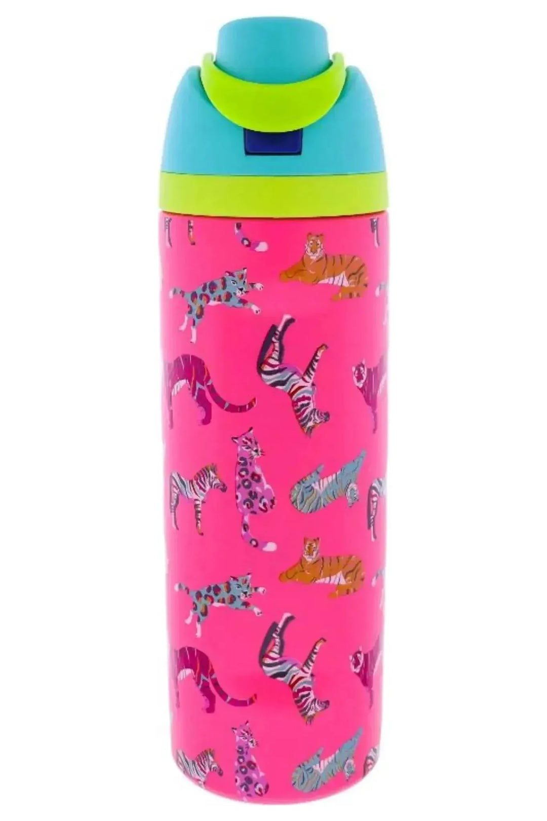Hot pink water bottle with colorful tiger detail. With teal and green lid.