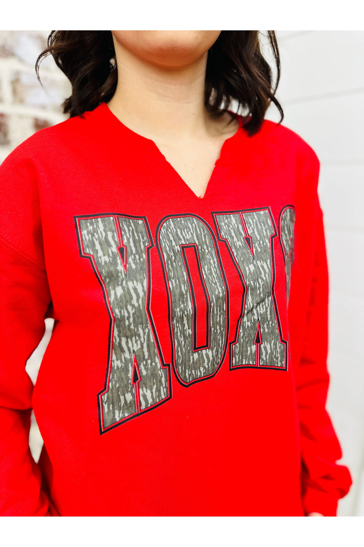 XOXO Bottomland Camo Split Crewneck