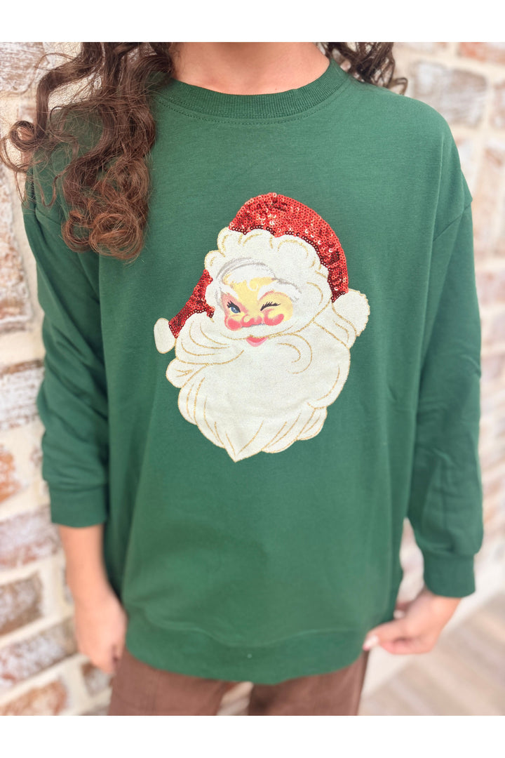 Youth~ Glitter Santa on Green Longsleeve Top
