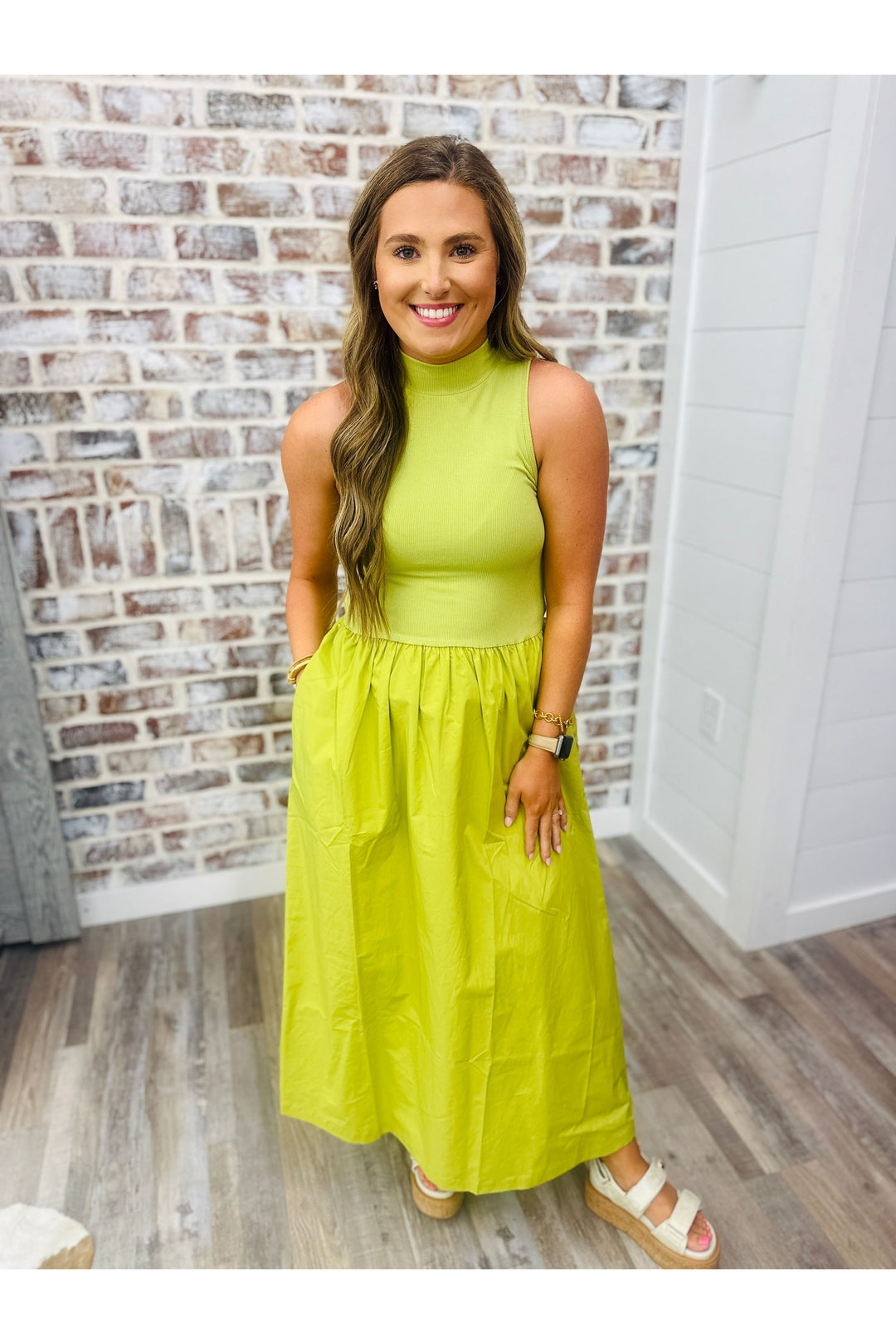 lime colored sleeveless maxi dress with smocked top