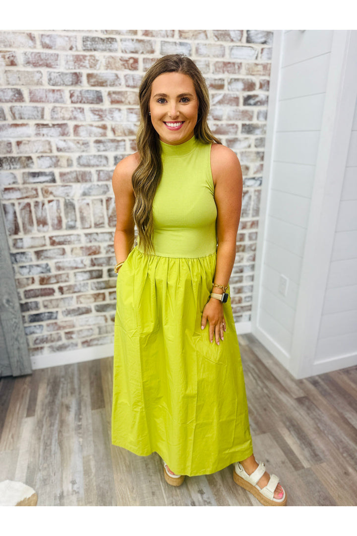 lime colored sleeveless maxi dress with smocked top