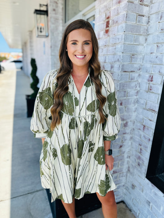 Stripes Of Olive Flowers Dress