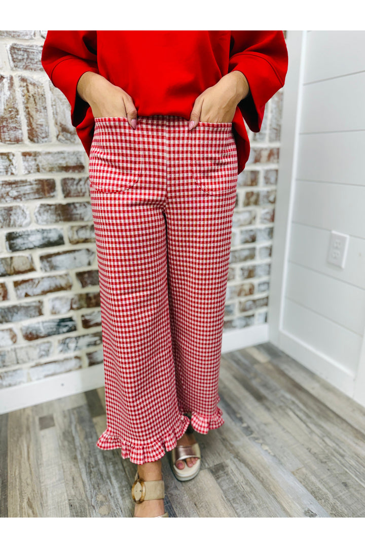 Red Gingham Ruffle Hem Pants