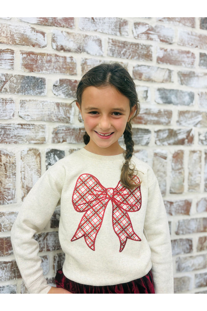 Youth Christmas Plaid Bow Patch Sweatshirt