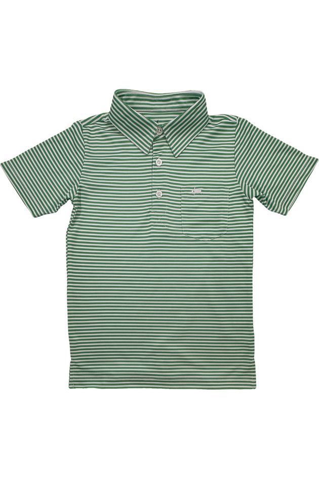 Youth inshore performance short sleeve polo in green stripes.