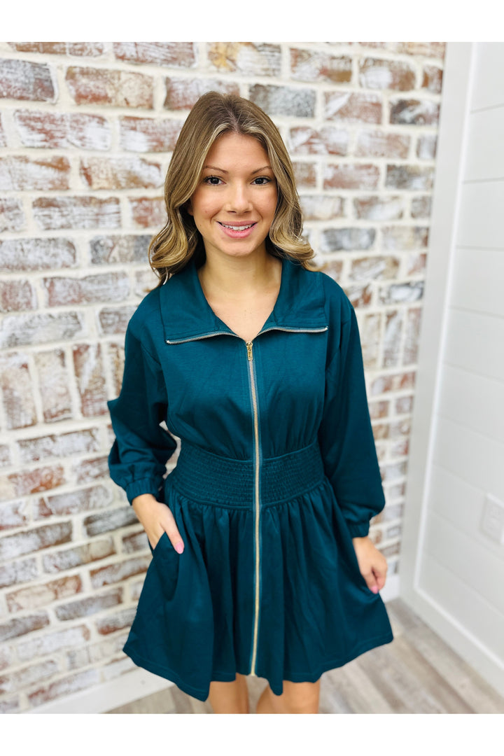 Teal Front Zip Dress