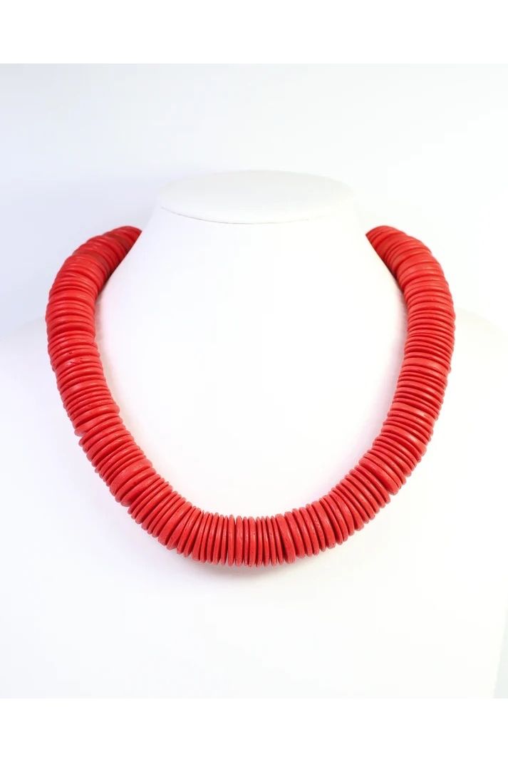 Leonora Wood Disk Bead Necklace Red