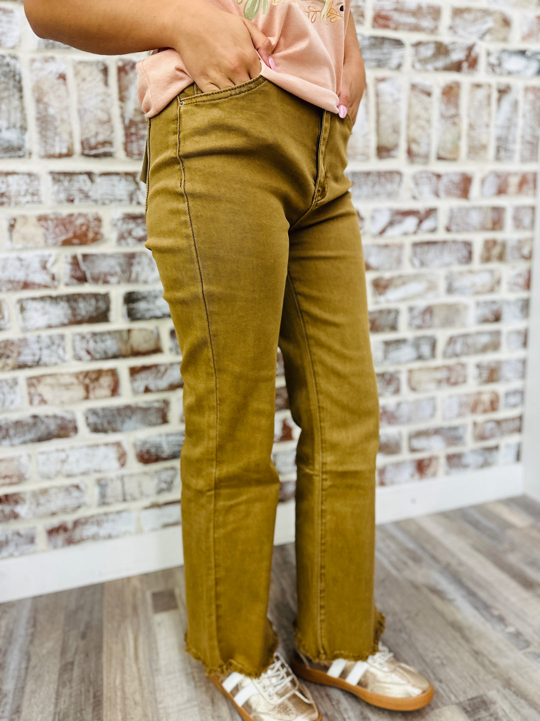 Acid Washed Straight Leg Pants - Deep Camel