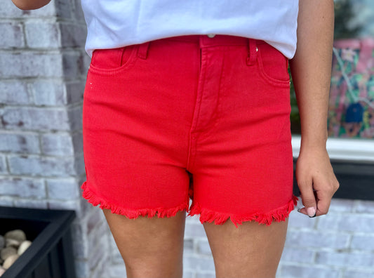 Red| Tummy Control High Rise Fray Shorts
