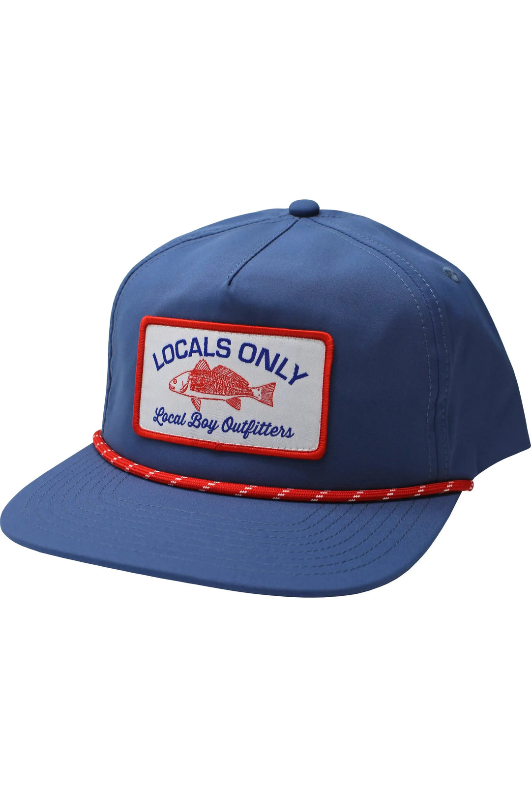 Youth navy hat with fisherman patch logo and red rope design.