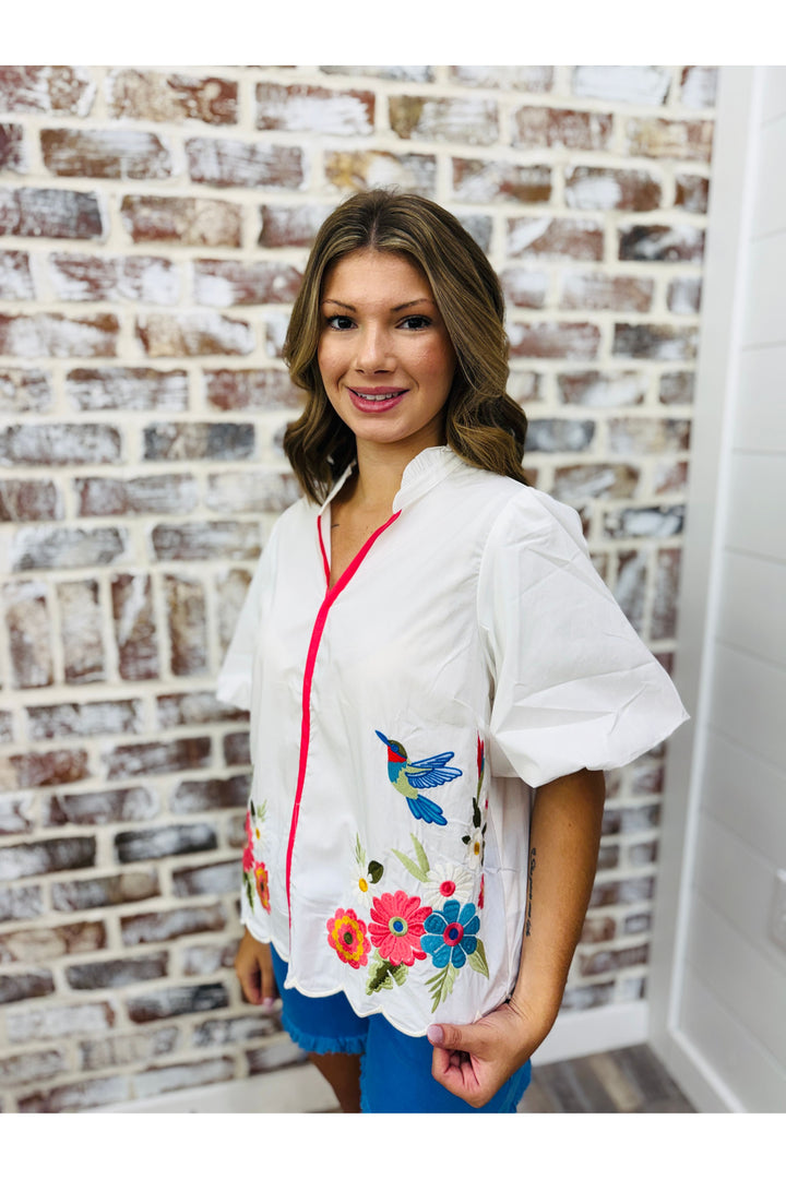 Embroidered Hummingbird Top