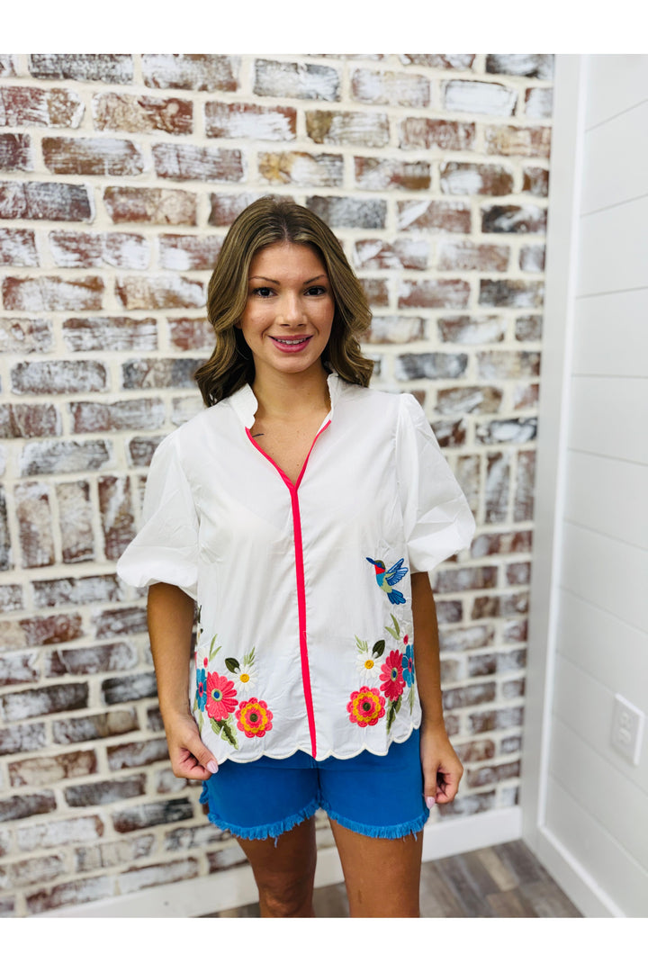 Embroidered Hummingbird Top