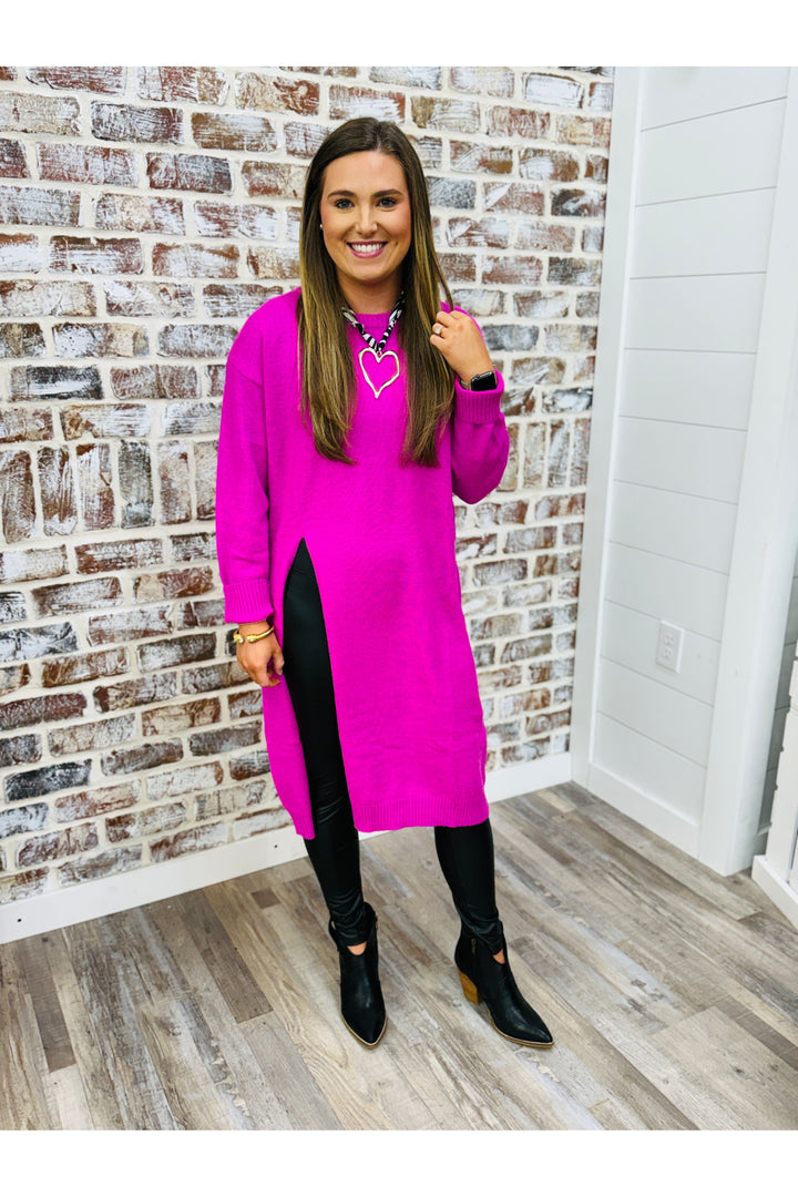 Hot Pink High Slit Longline Pullover Dress