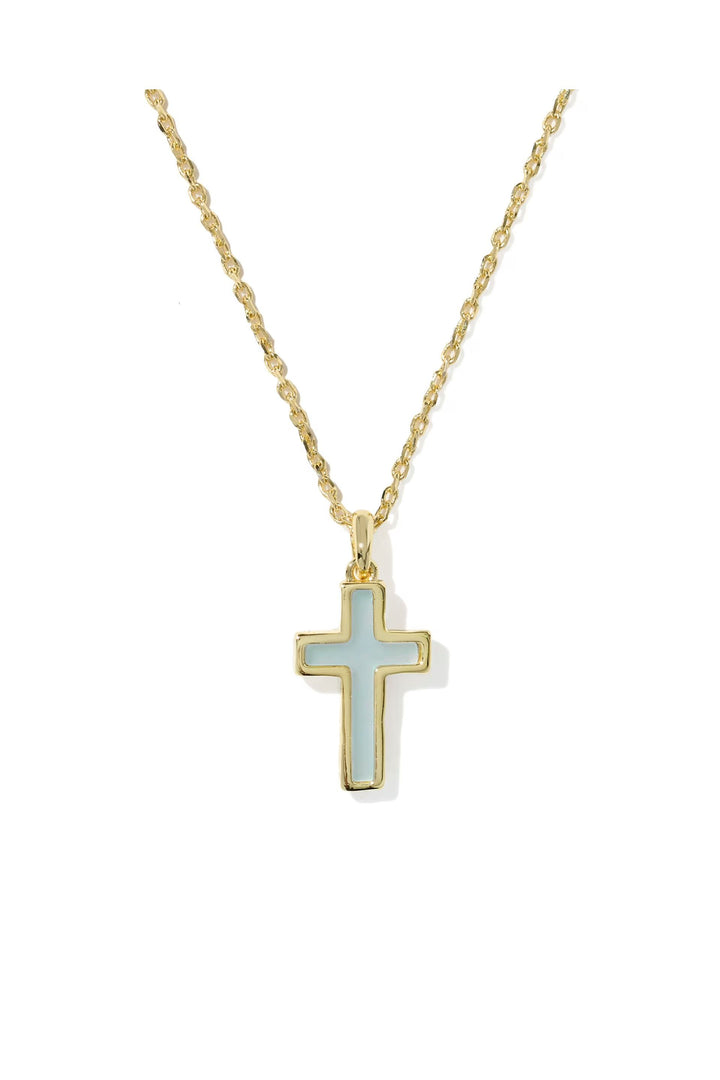 Kendra Scott | Cross Gold Pendant Necklace - Matte Light Blue Dichroic Glass
