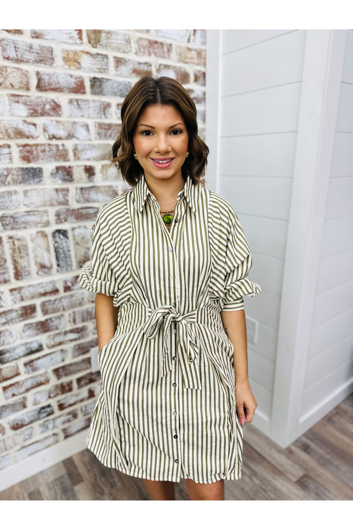 Olive and cream striped dress with front tie detail 