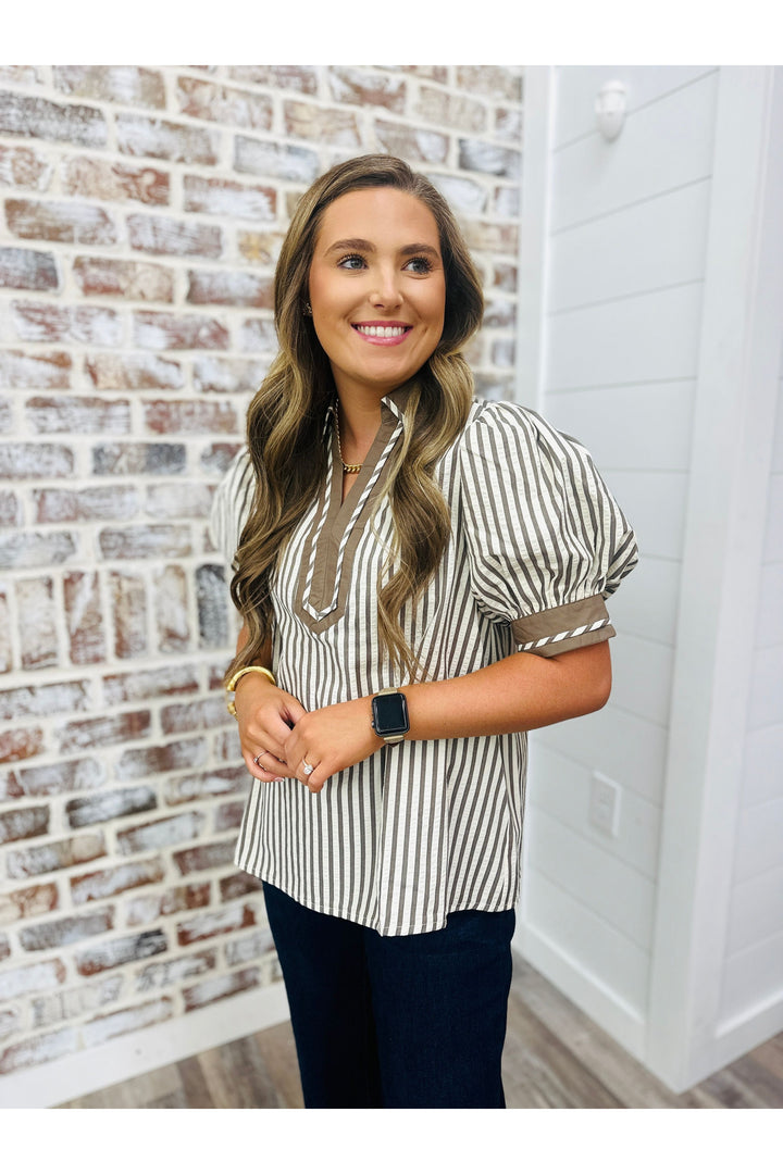 V-Neck Mocha Stripes Top