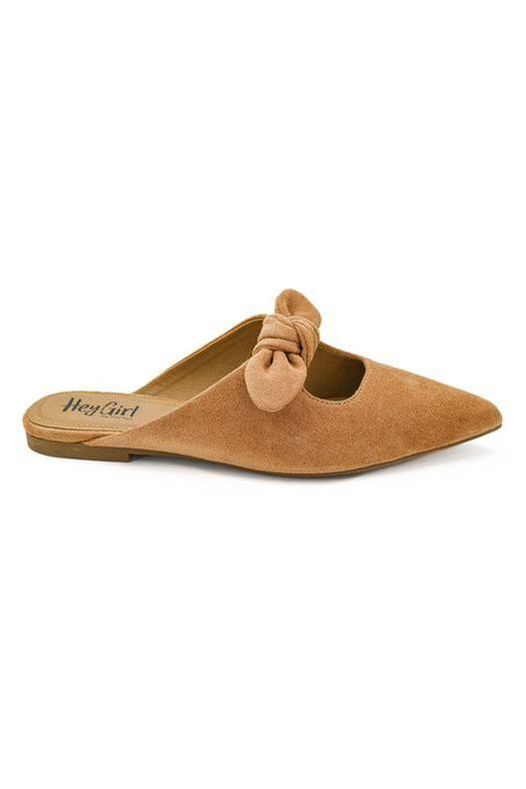 Slide on camel shoe with bow at top made by corkys 