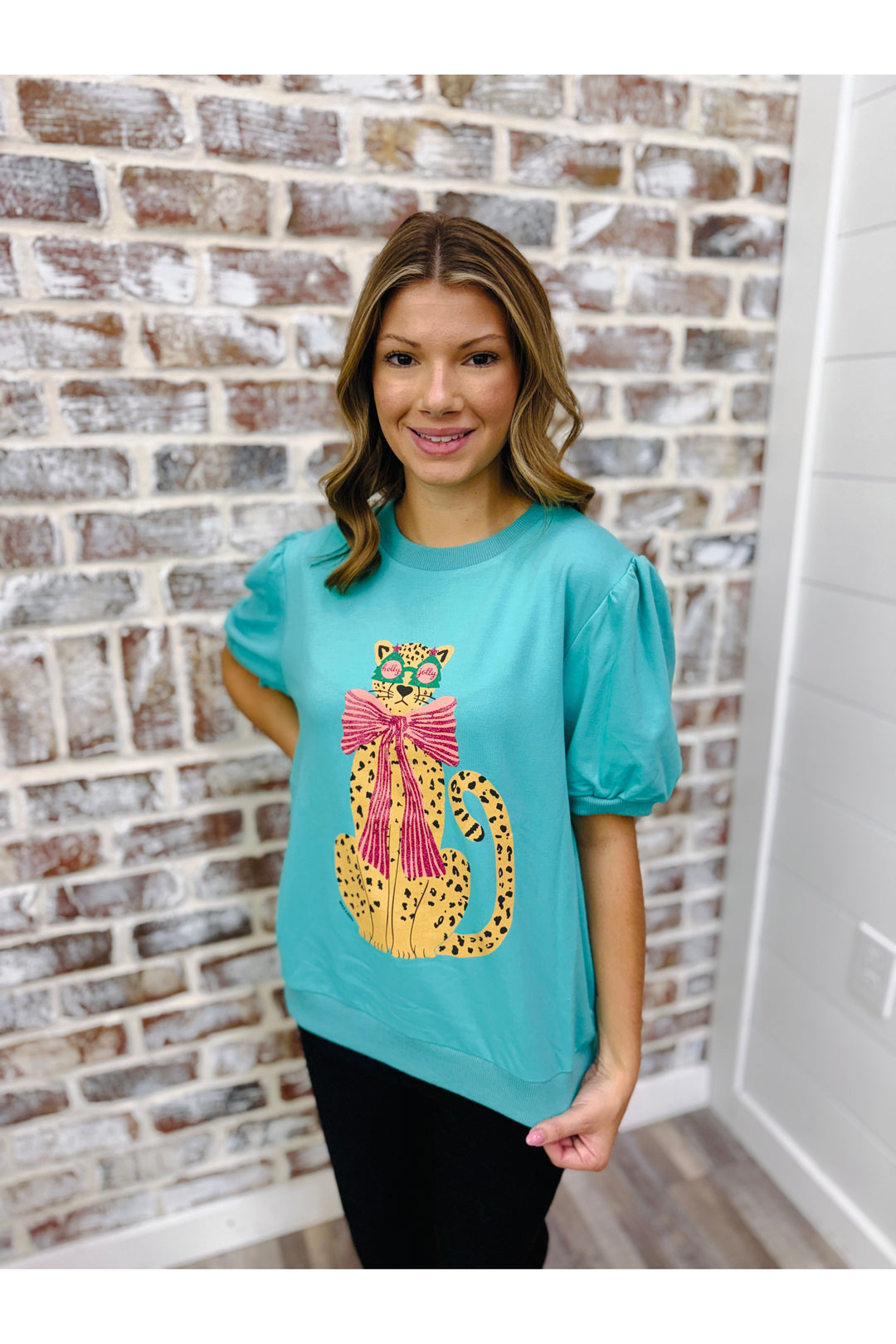 Glitter Print Cheetah On Puff Sleeve Tee