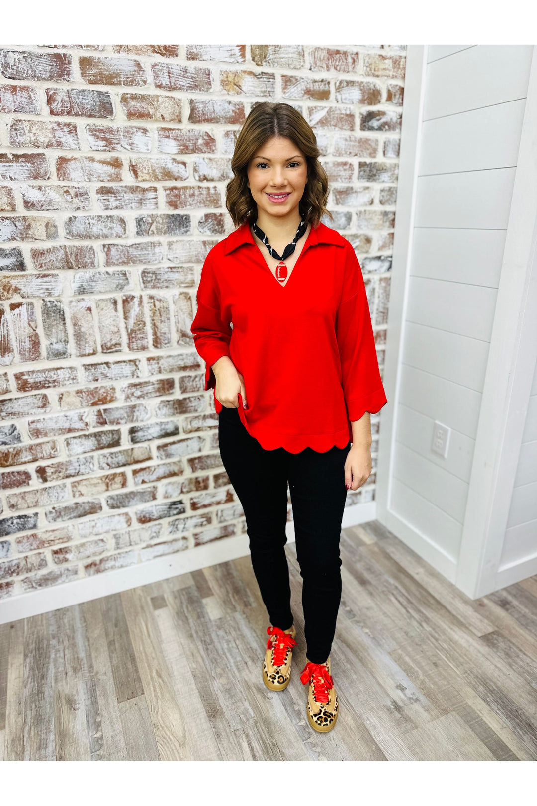 Red Scallop Collar Top