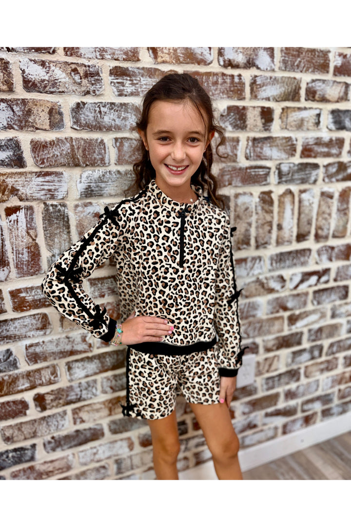Girls Classic Leopard Fleece Bow Quarter Zip & Shorts Set