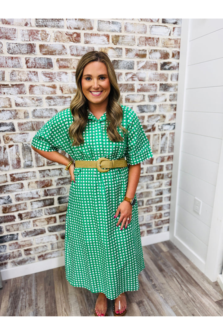 Green/White Checkered Midi Dress