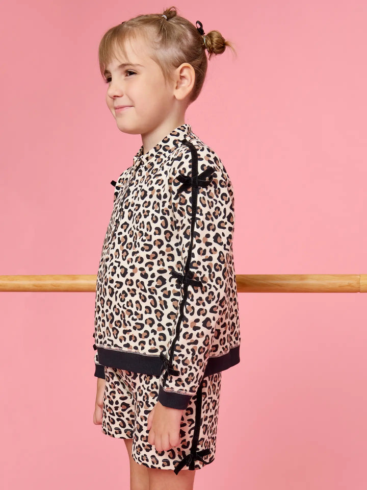 Girls Classic Leopard Fleece Bow Quarter Zip & Shorts Set