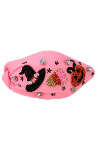 Pink Halloween Headband with witch hat, candy corn and pumpkins (beaded) with rhinestones 