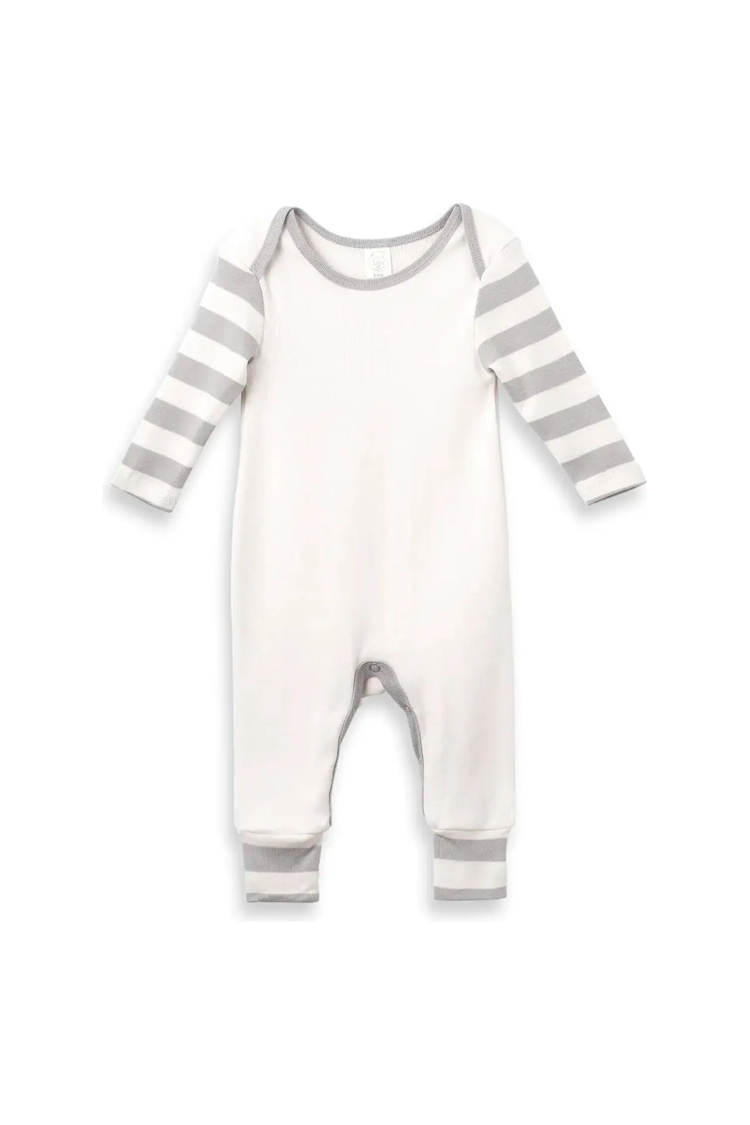 Baby cotton romper with grey stripe detail on sleeves.