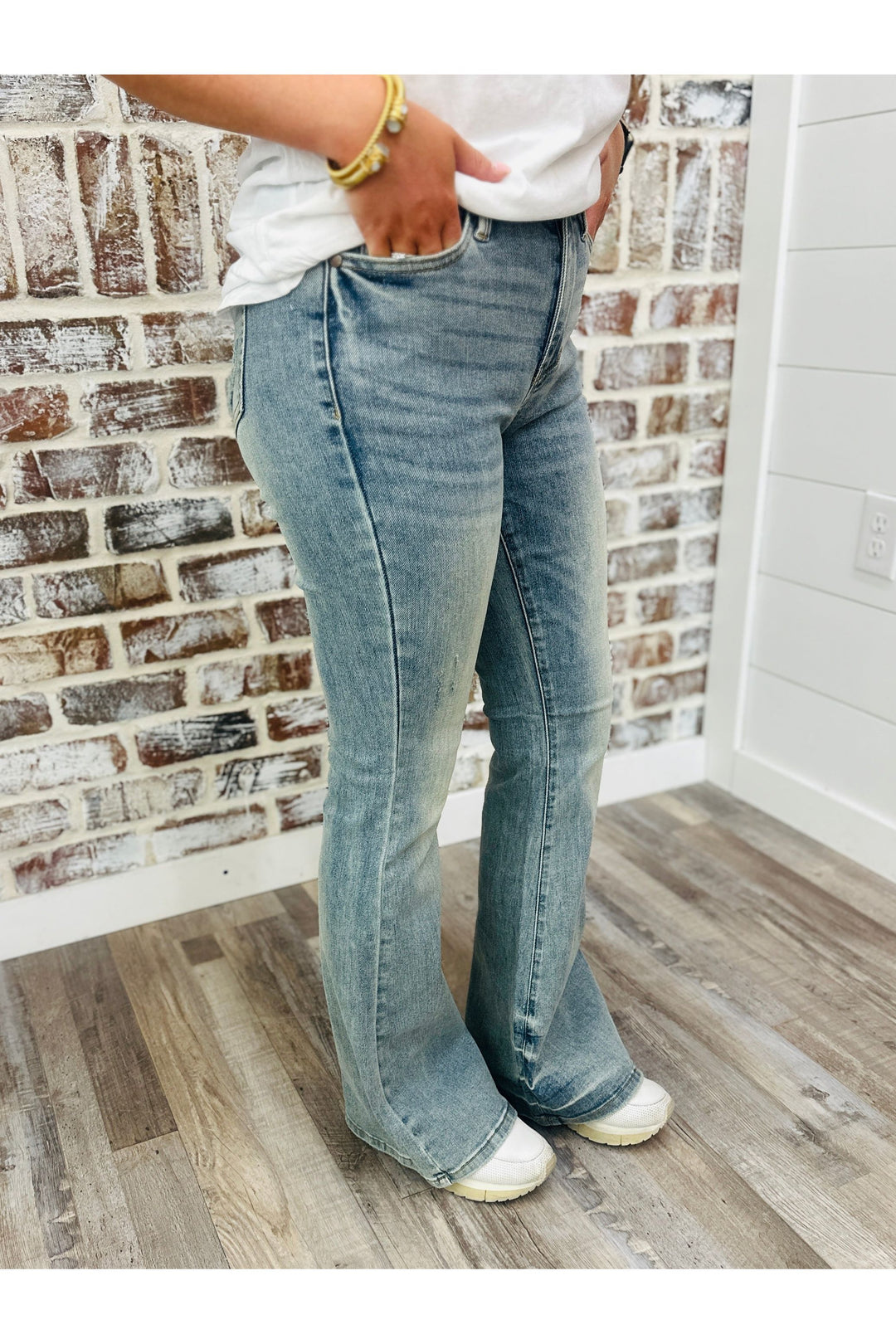 Mid Rise Washed Denim Flares