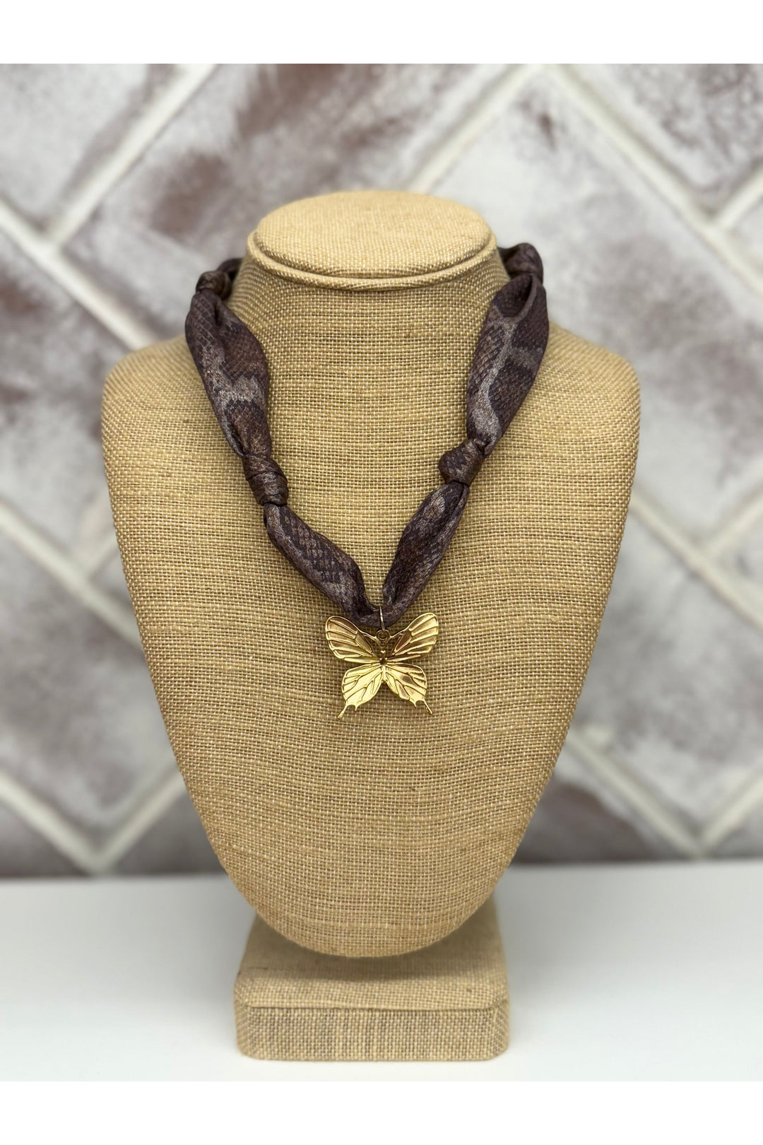 Metallic Purple Snake Skin Print Scarf Necklace With Butterfly Charm