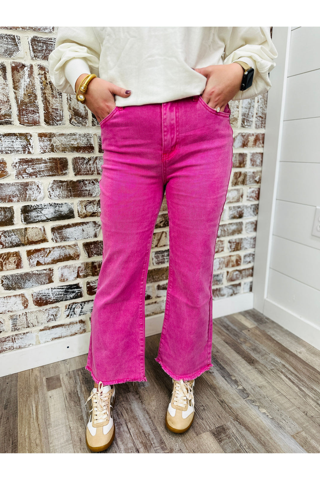 Pink Acid Wash High Waisted Fray Bootcut Pants