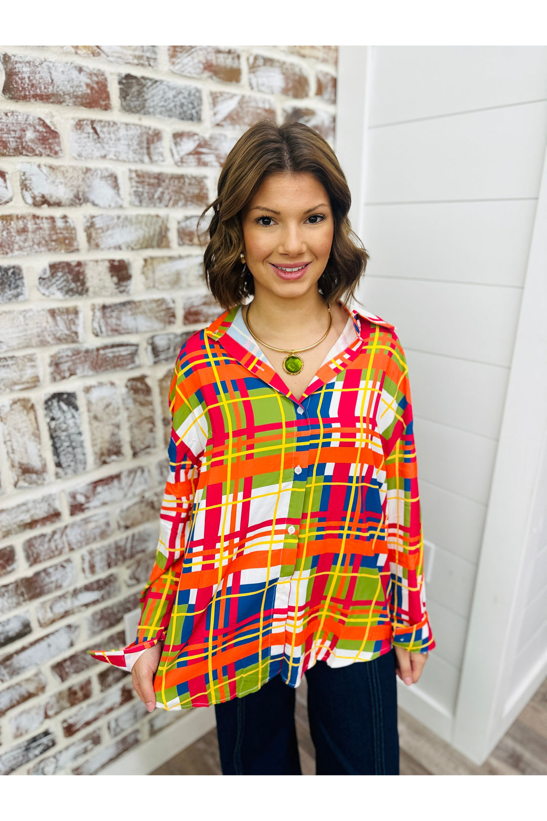 Fall plaid button down top