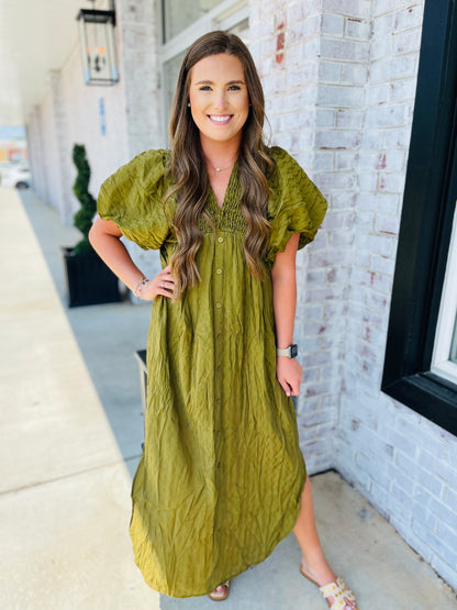 Olive Button Down Midi Dress